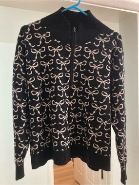 Maeve Anthropology black sweater with white bow pattern quarter zip
